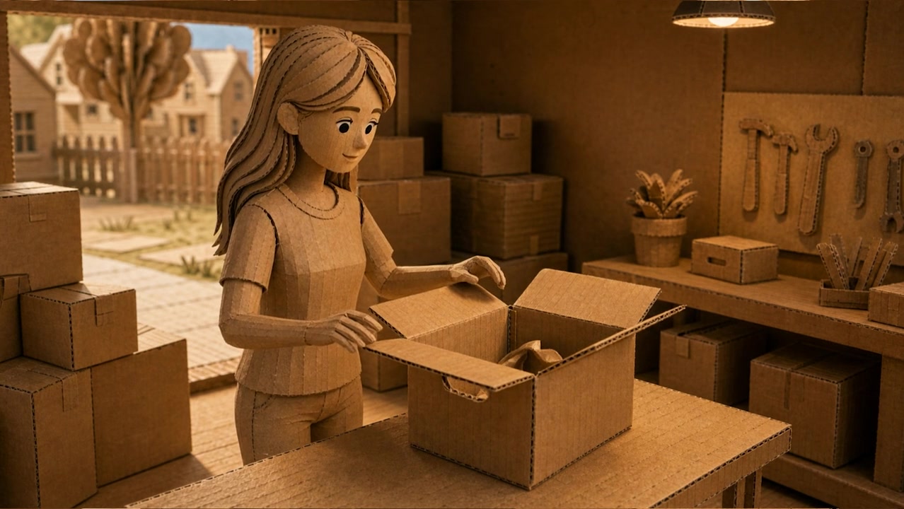 A cardboard character preparing boxes for collection