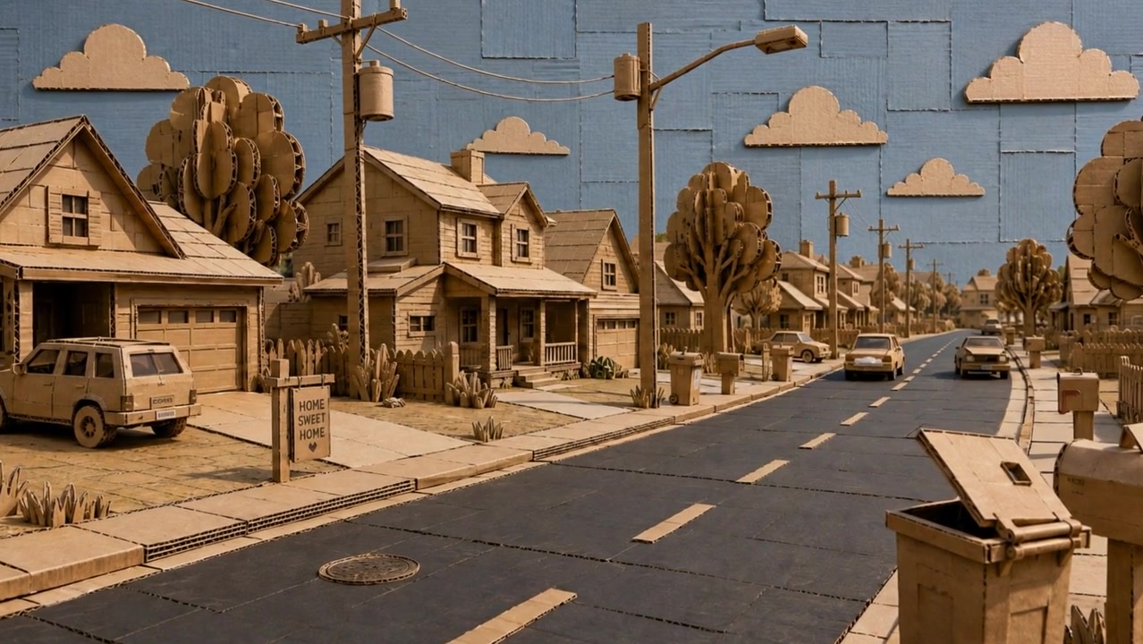 A cardboard neighborhood from the Boxd video
