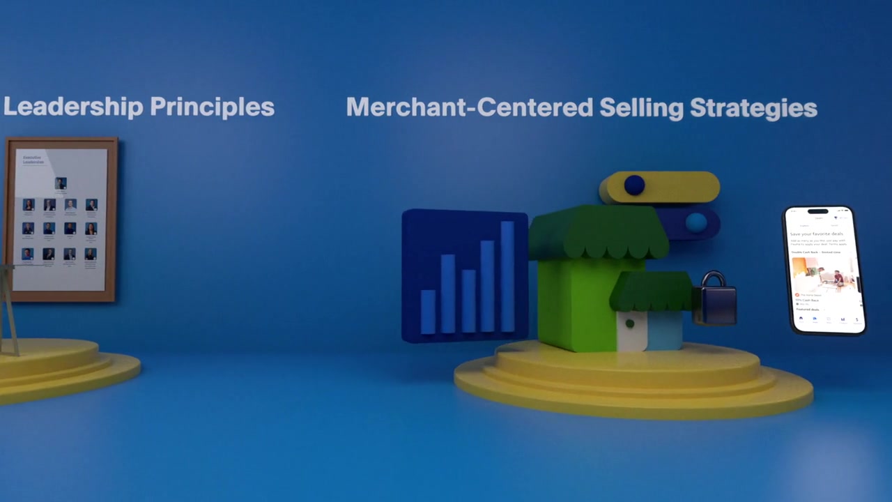 Look-development study with a sculptural storefront, chart, controls and phone on a yellow platform.