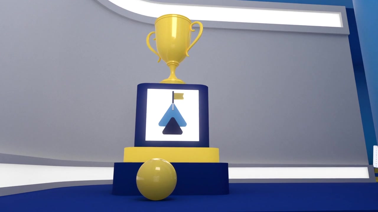 PayPal look-development study with a glossy yellow trophy and sphere against blue and white architectural forms.