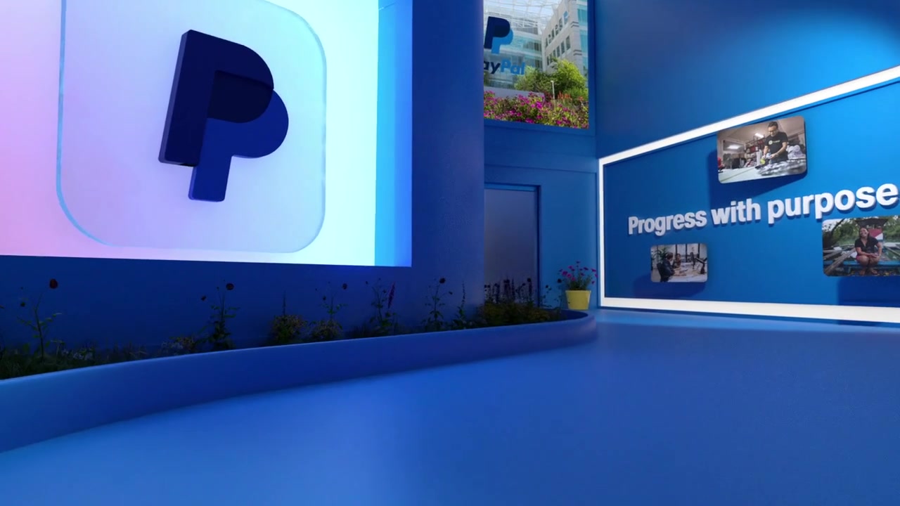 Blue architectural space with a PayPal mark and a Progress with purpose display.